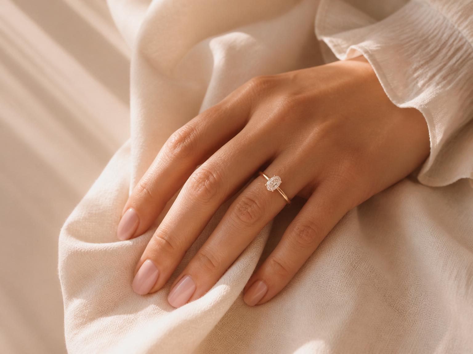 A hand wearing an oval solitaire engagement ring resting on soft cream linen